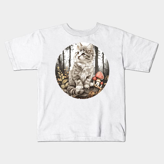 Vintage Cute mushroom Cat Floral Garden Kitten Mom of Cats Kids T-Shirt by RetroZin